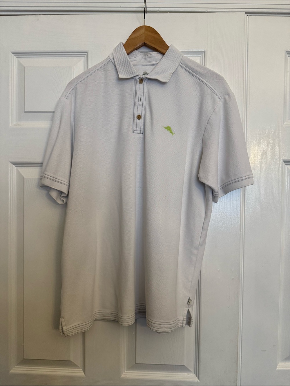 Tommy Bahama White Polo with Lime Green Fish Emblem